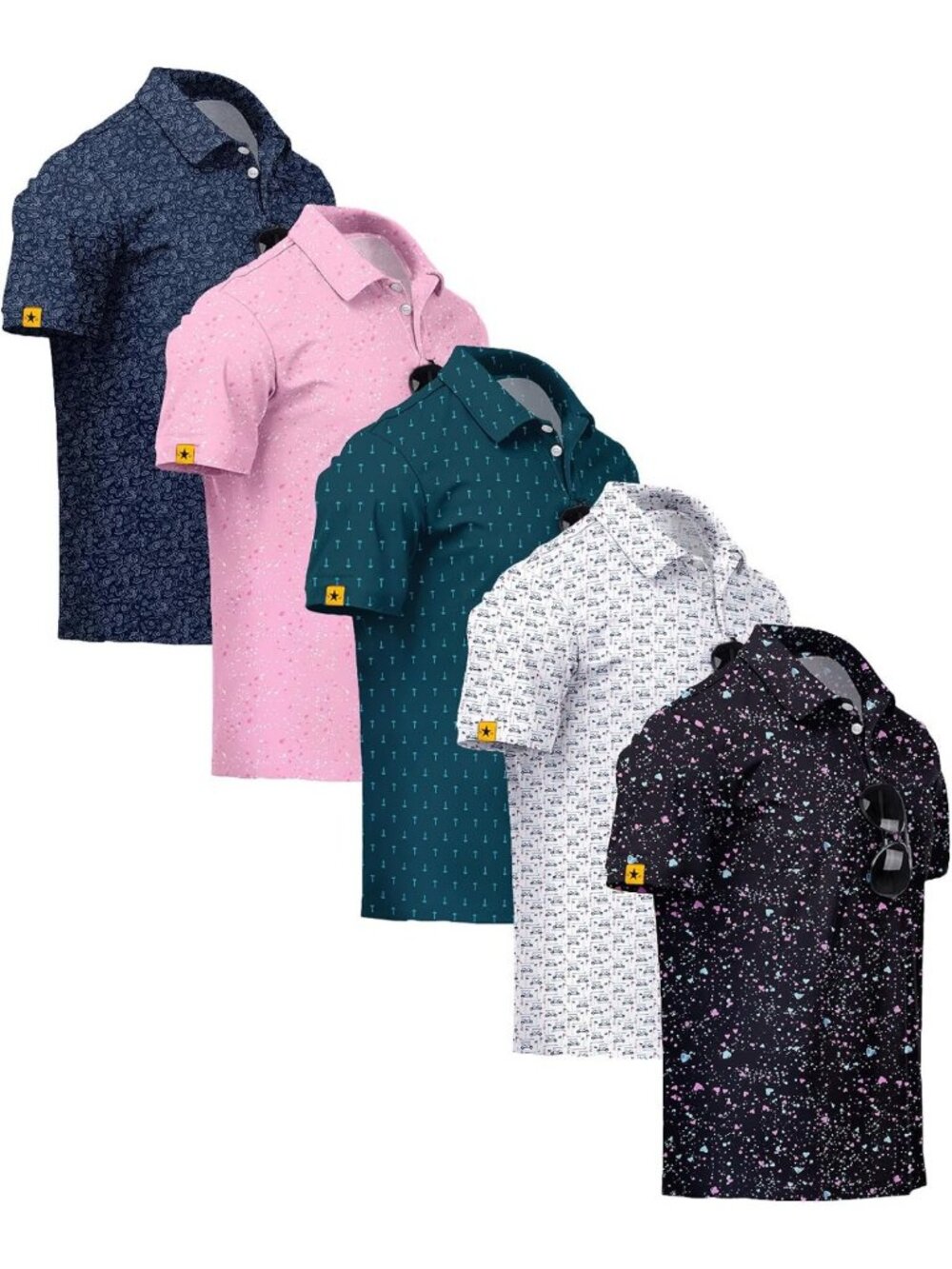 Men's Short Sleeve Golf Polo Shirts - 5 Pack, UPF 50+, Casual Print Patterns
